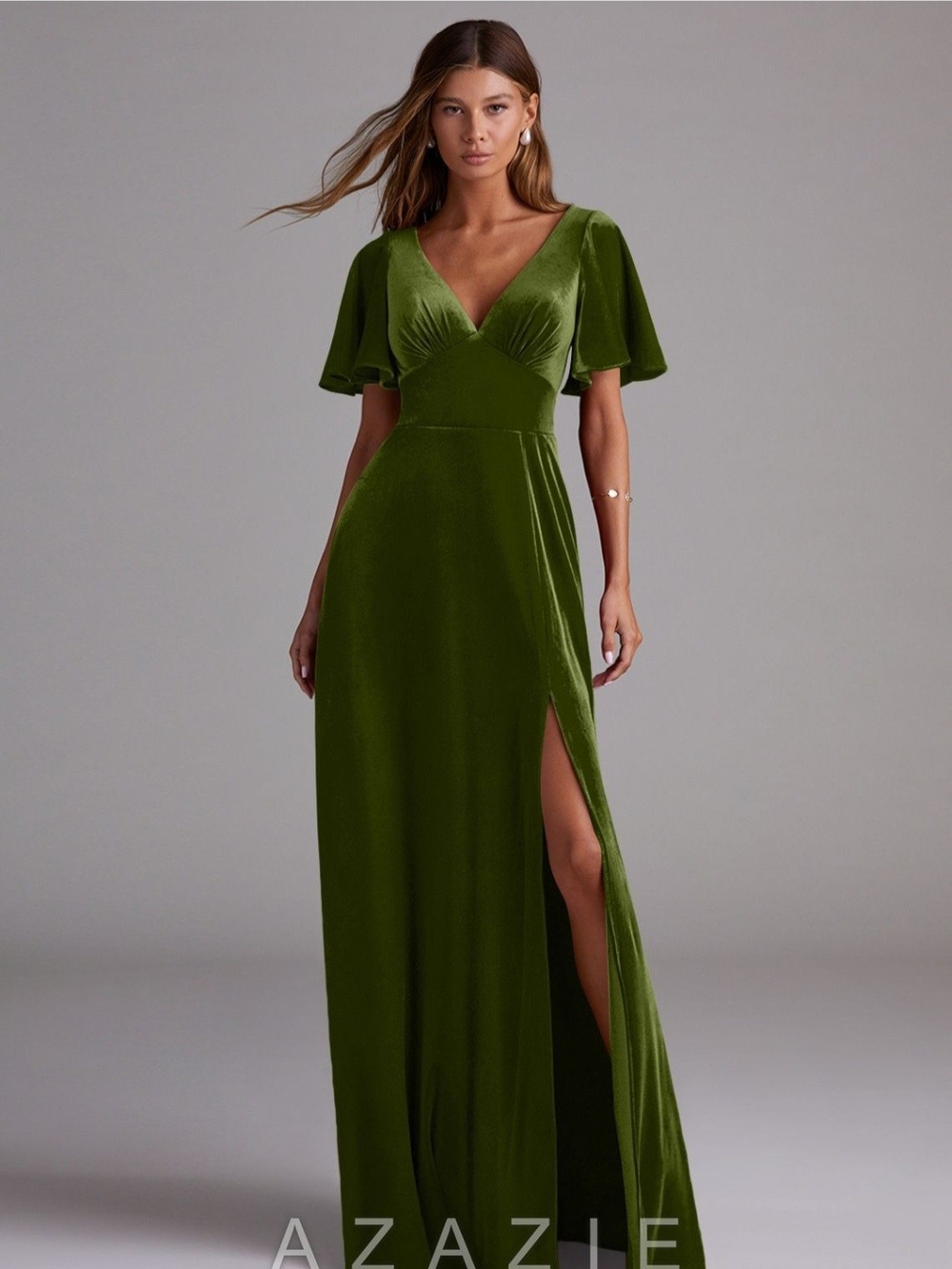 Azazie Olive Velvet Flutter-Sleeve Maxi Gown